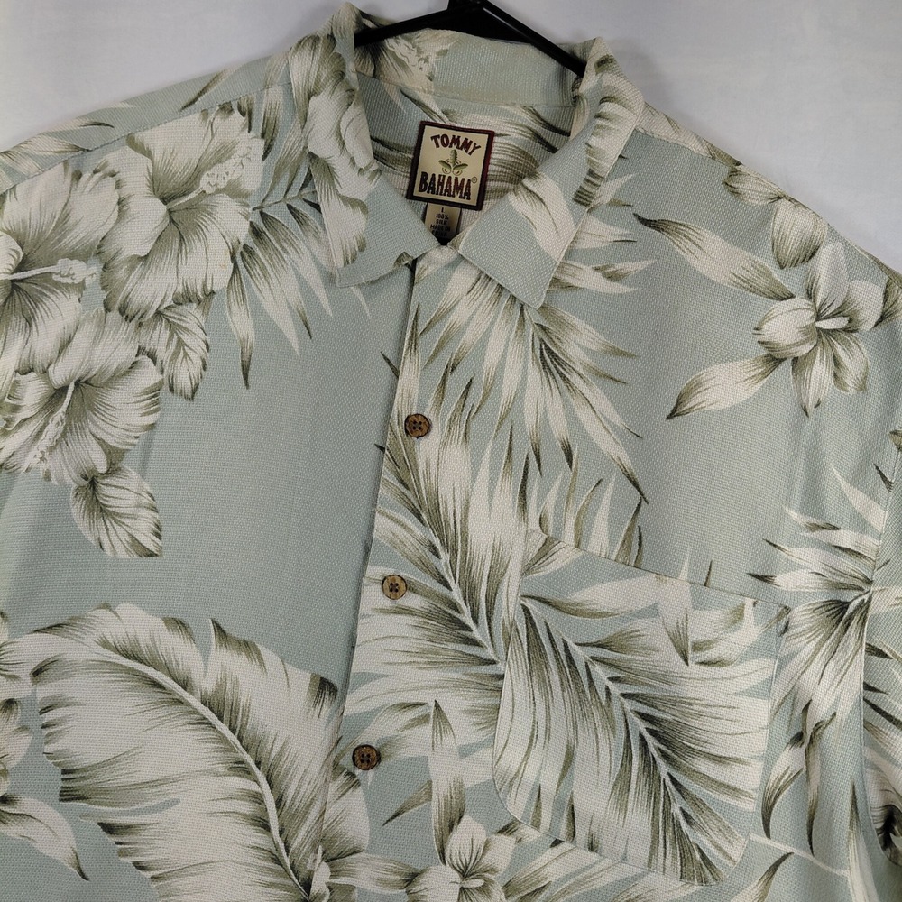 Tommy Bahama Mens Large Silk Hawaiian Shirt Sage Green Floral Palm Leaf Hibiscus